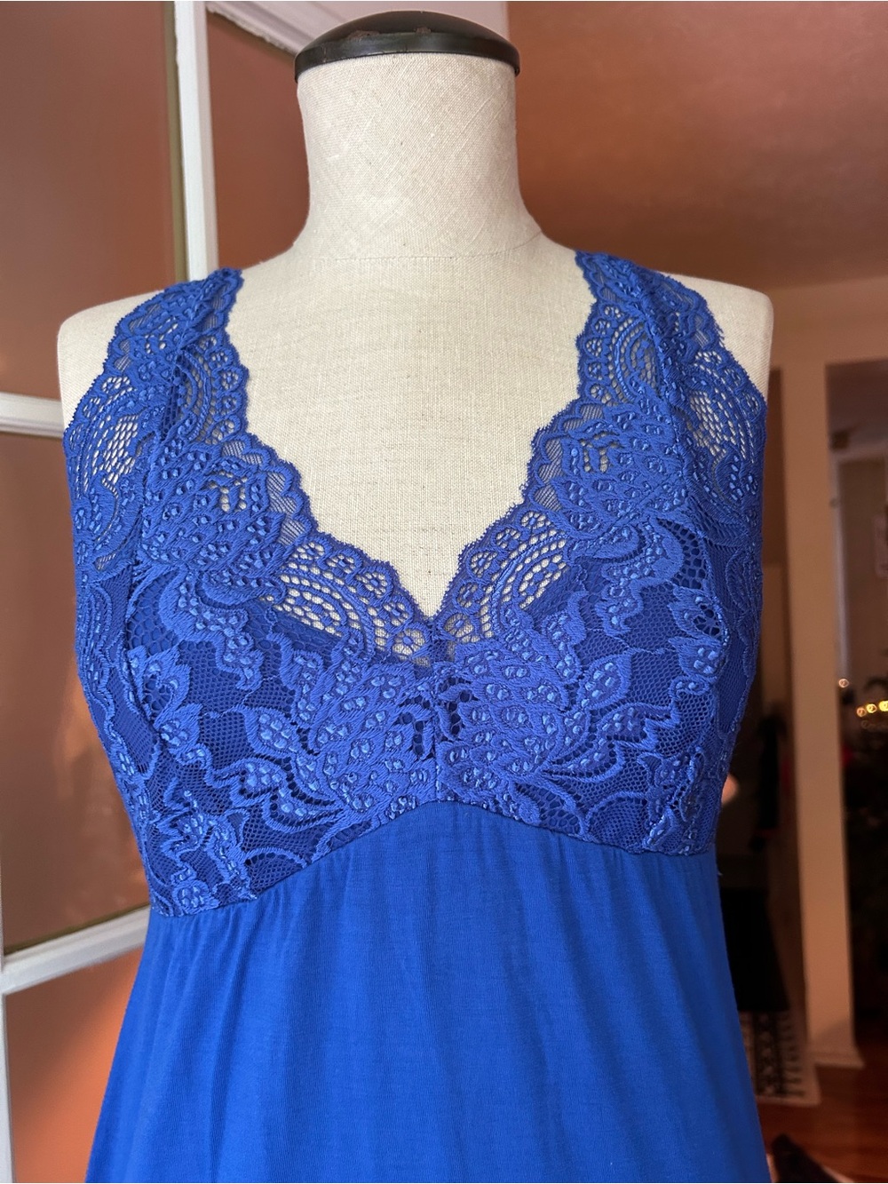 Fleur’t belle époque sapphire blue lace racer back chemise slip dress. Medium - Picture 4 of 9